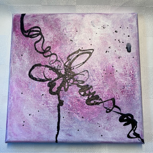 Original Abstract Calligraphy Butterfly Inspired Acrylic Pink Mini Painting, 6x6 - Picture 9 of 9